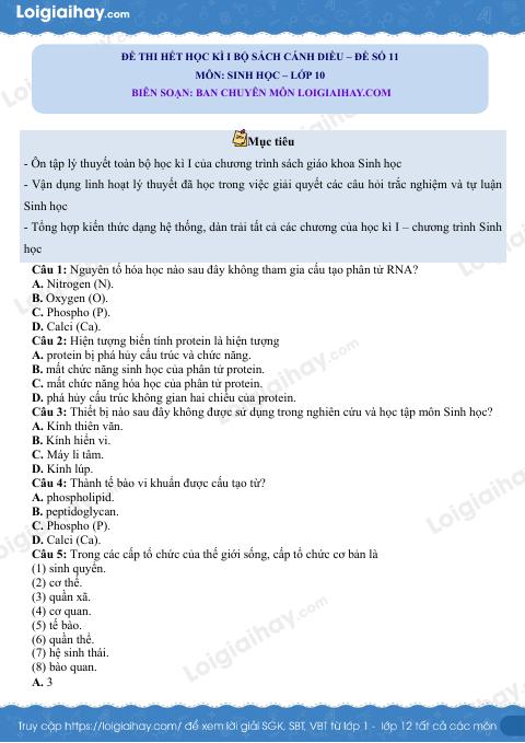 Đề thi học kì 1 Sinh 10 Cánh diều - Đề số 11